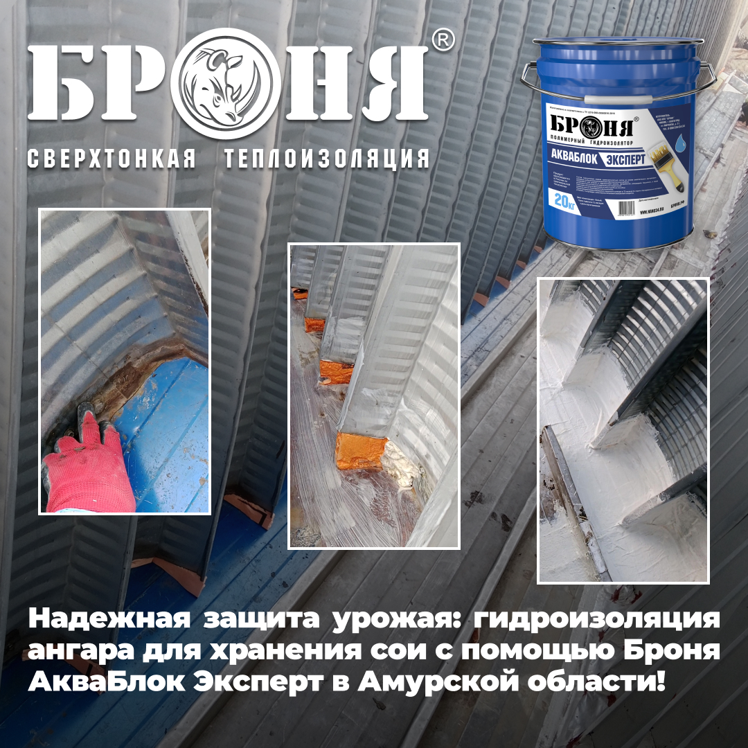 Надежная защита урожая: гидроизоляция ангара для хранения сои с помощью Броня АкваБлок Эксперт в Амурской области! (фото, видео) Надежная защита урожая: гидроизоляция ангара для хранения сои с помощью Броня АкваБлок Эксперт в Амурской области! (фото, видео)