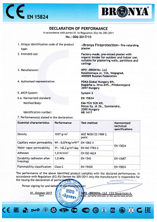 CE certificate for Bronya Fire Protection in a European laboratory according to EN 15824