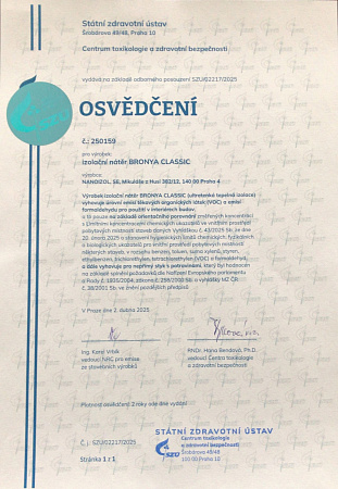 Sanitary and Hygienic 'Food Grade' Certificate for Bronya Classic from the National Institute of Public Health of the Czech Republic (SZU)